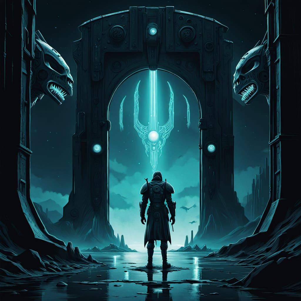 Armored Knight at Biomechanical Gate in Dark Fantasy Style