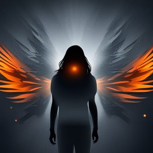 Silhouette with Angel Wings and Glowing Eyes