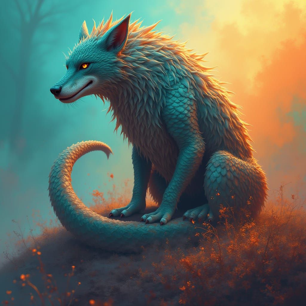 Surreal Serpent-Wolf Hybrid in Vibrant Gradient Landscape