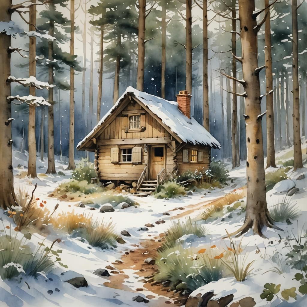 Dreamy Watercolor Cabin in Winter Forest