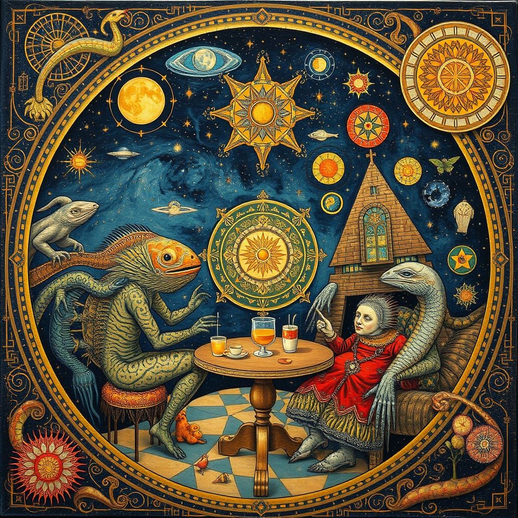 Psychedelic Utopia with Sacred Geometry in Bosch Style