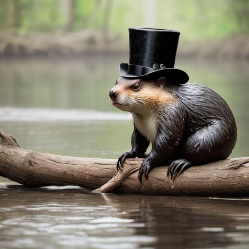Beaver in Black Top Hat on Log