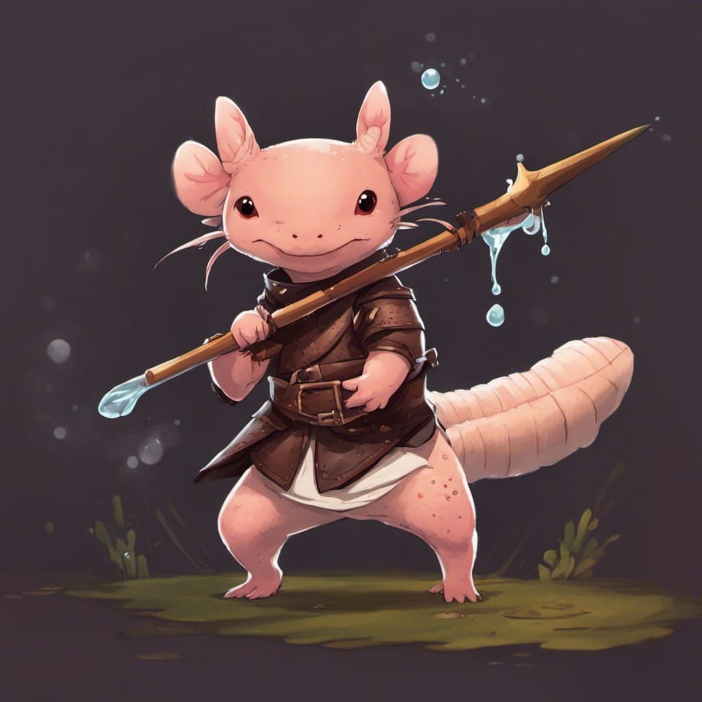 Cute Axolotl Warrior with Spear and Magic Water