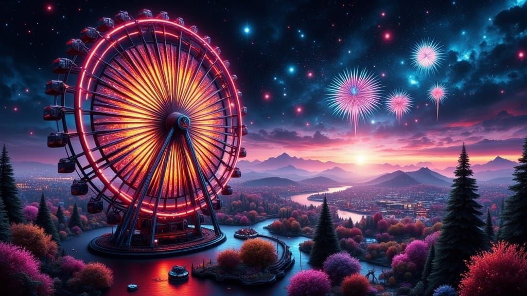 Vibrant Neon Ferris Wheel Scene