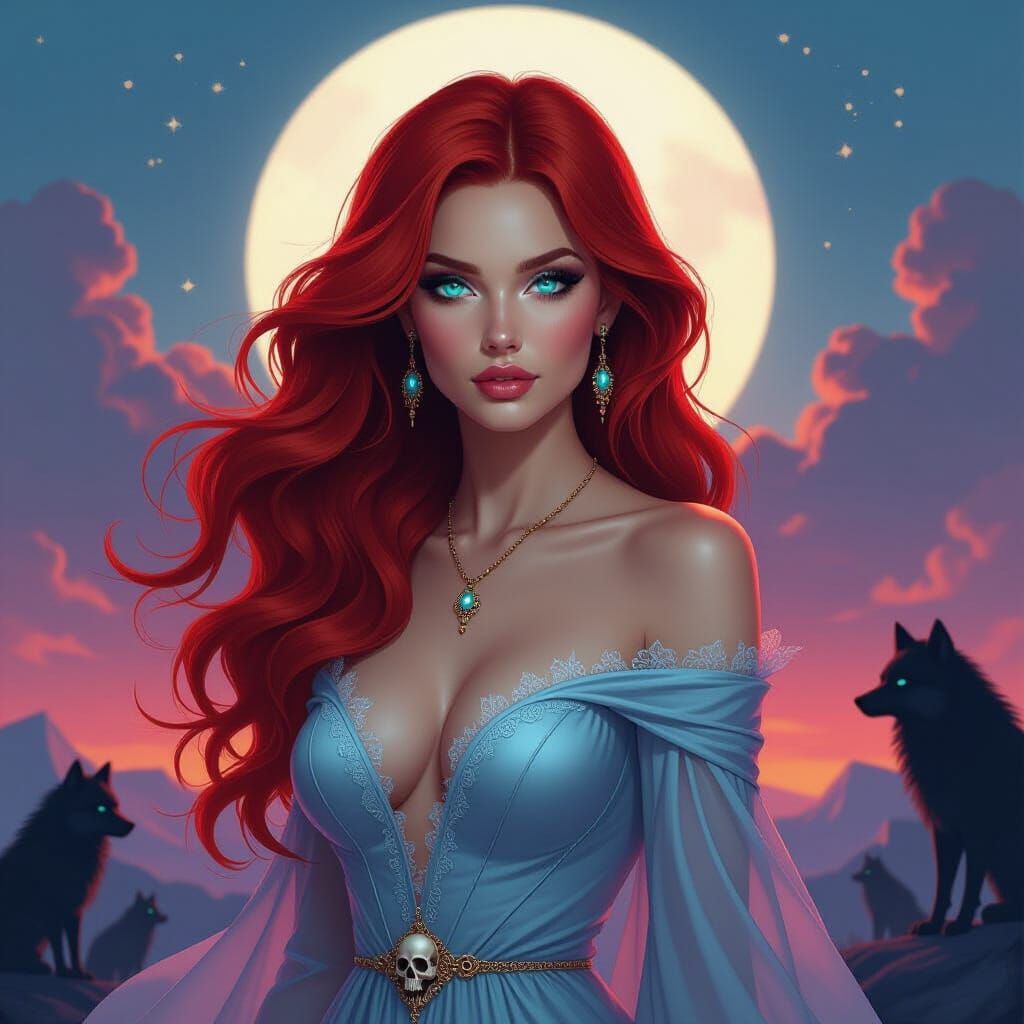 Celestial Woman with Fiery Hair in Dark Fantasy Style