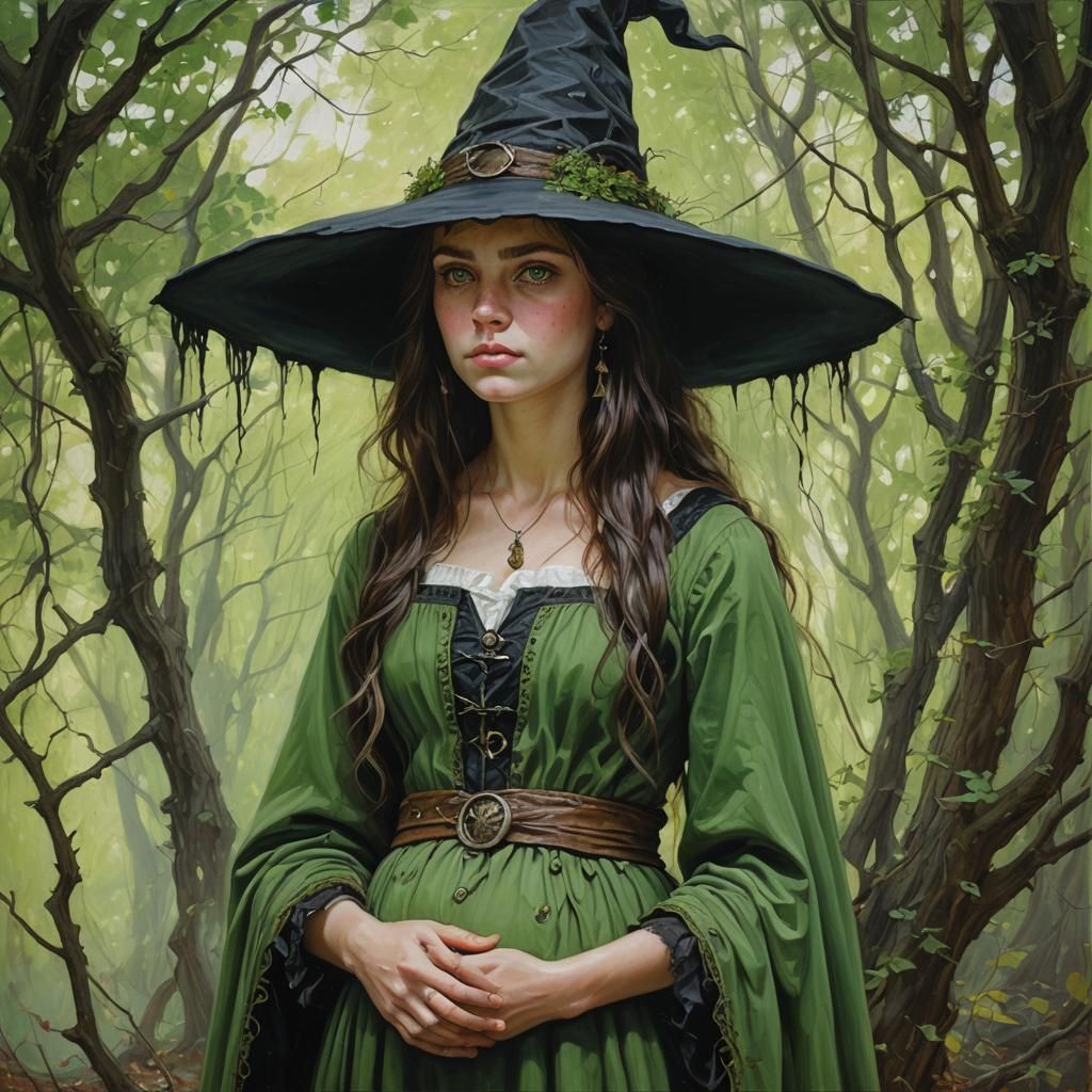 Pregnant Green-Eyed Witch: Oil Painting Portrait