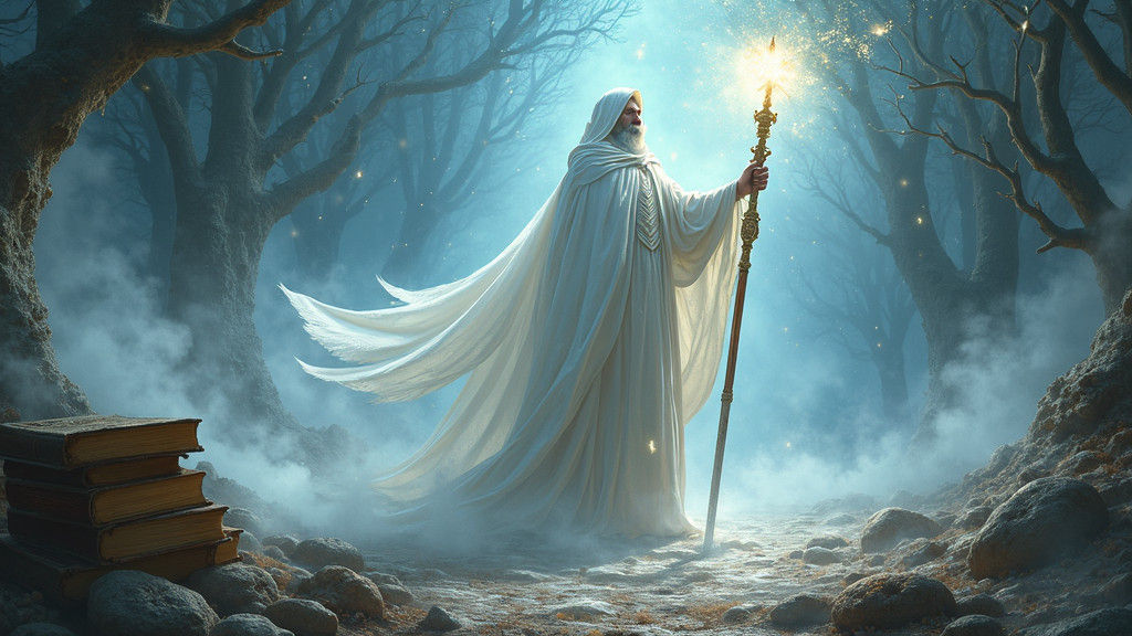 Majestic White-Robed Mage in Mystical Realm