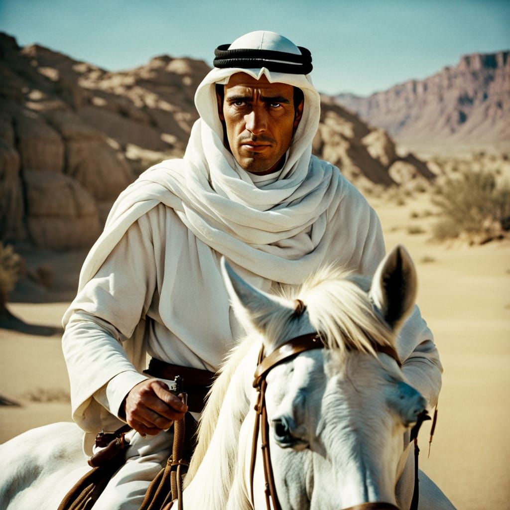 Portrait of Lawrence of Arabia with a white steed in the des...