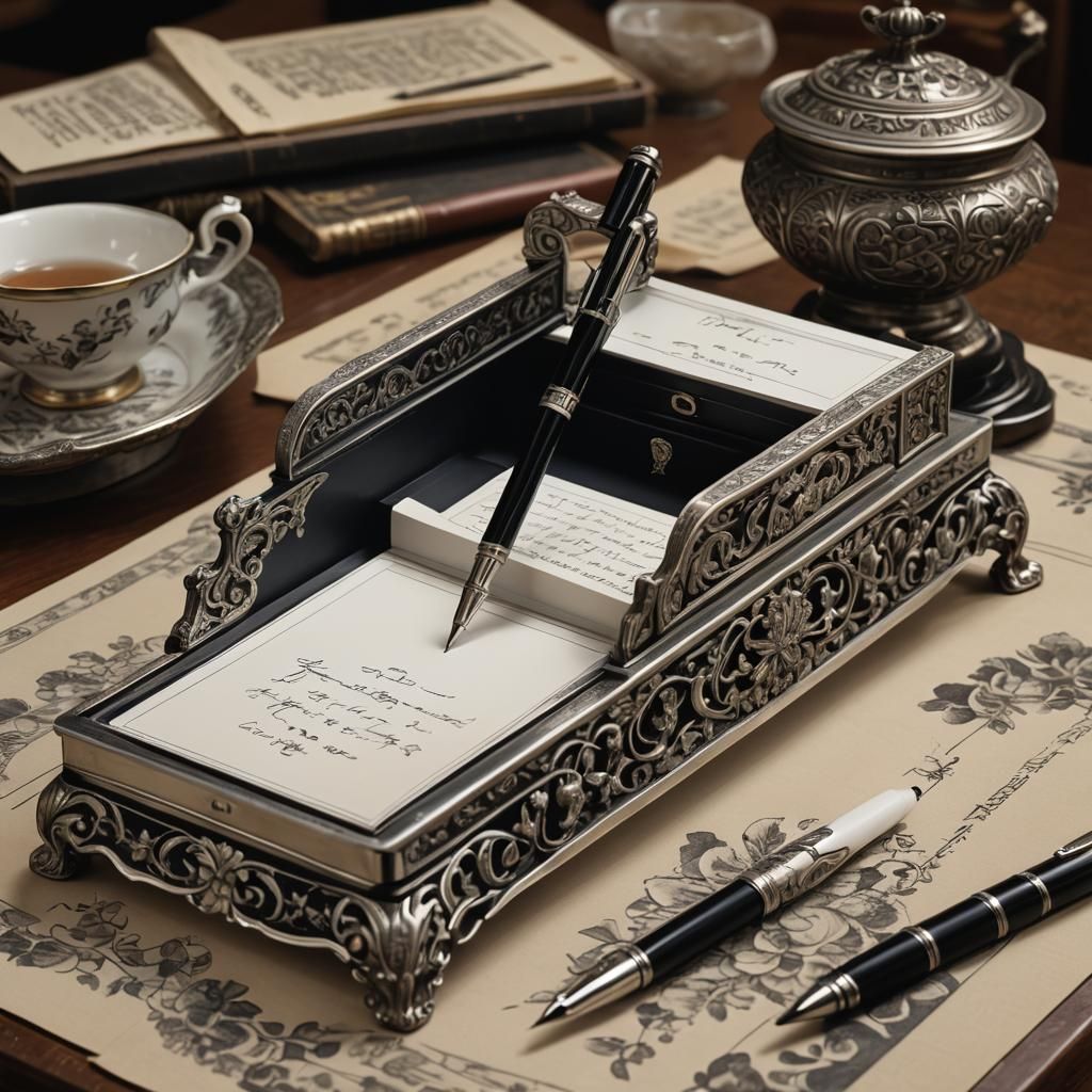 Sleek Black Pen on Ornate Box, Detailed Matte Painting