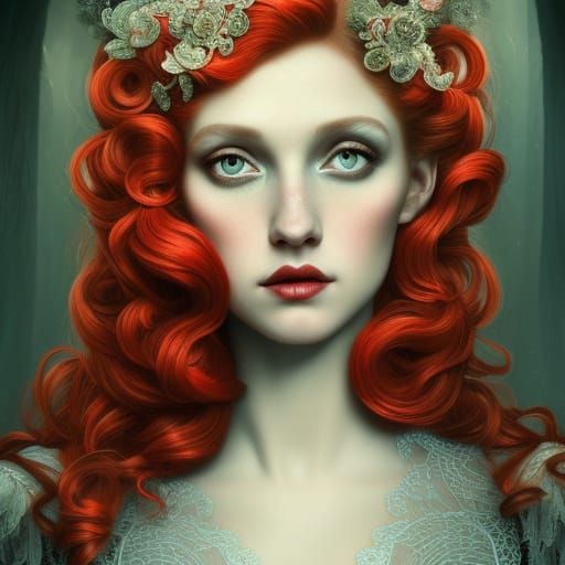 Rococo Redhead in Lace Gown Portrait