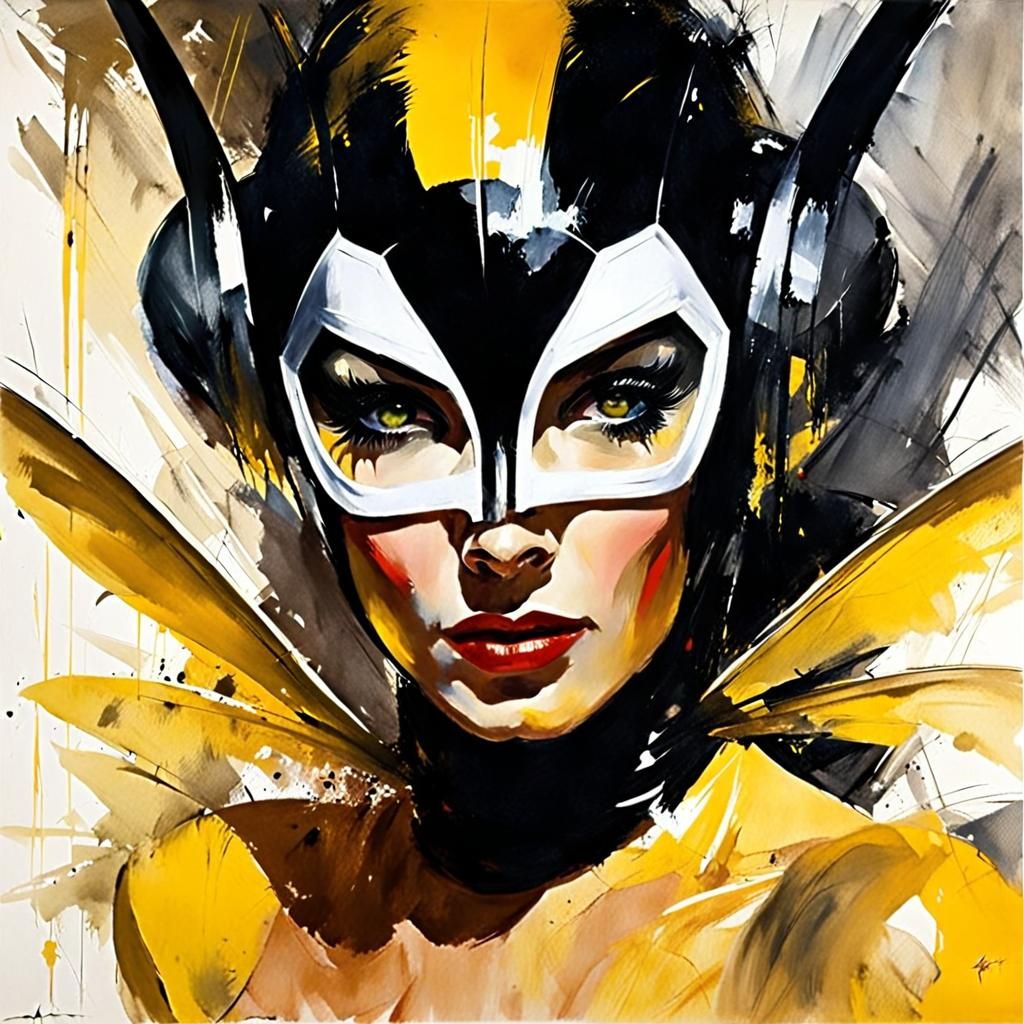 Scary Wasp Woman in Laboratory Horror Painting