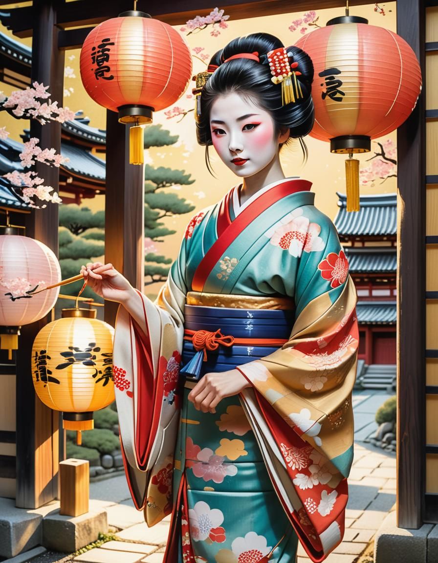 Geisha in Kyoto Kimono: Ukiyo-e Style