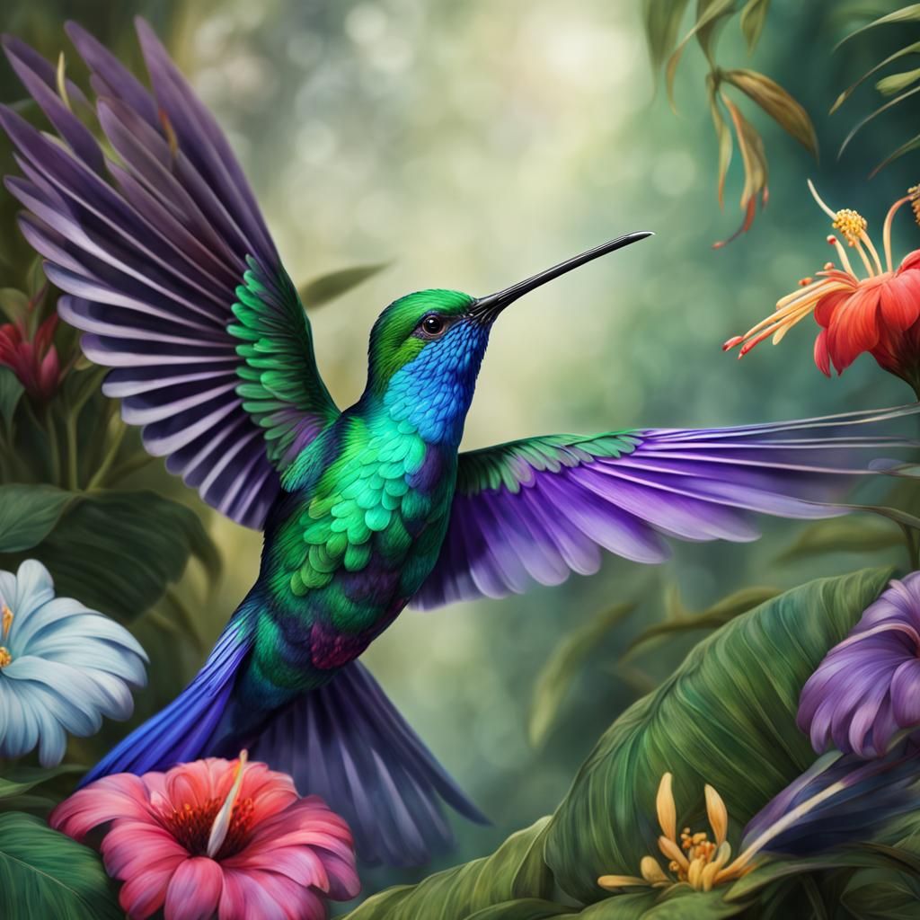 Colorful Fantasy Hummingbird in Tropical Jungle