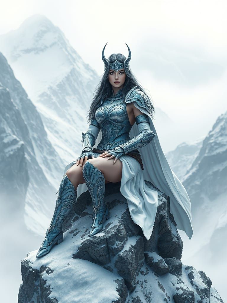 Ethereal Amazonian Warrior on Snowy Mountain Outcropping