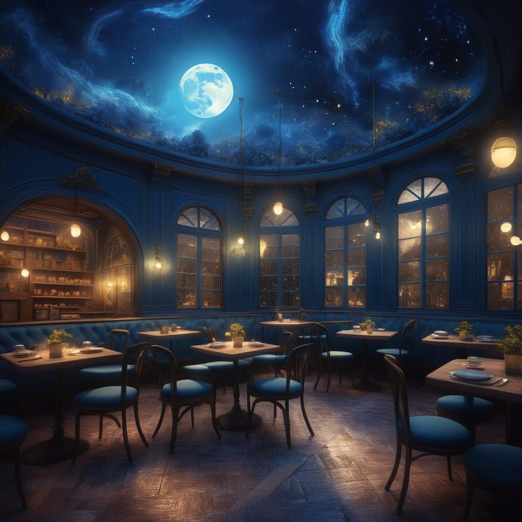 Enchanted Cafe Interior With Van Gogh Starry Night Ceiling