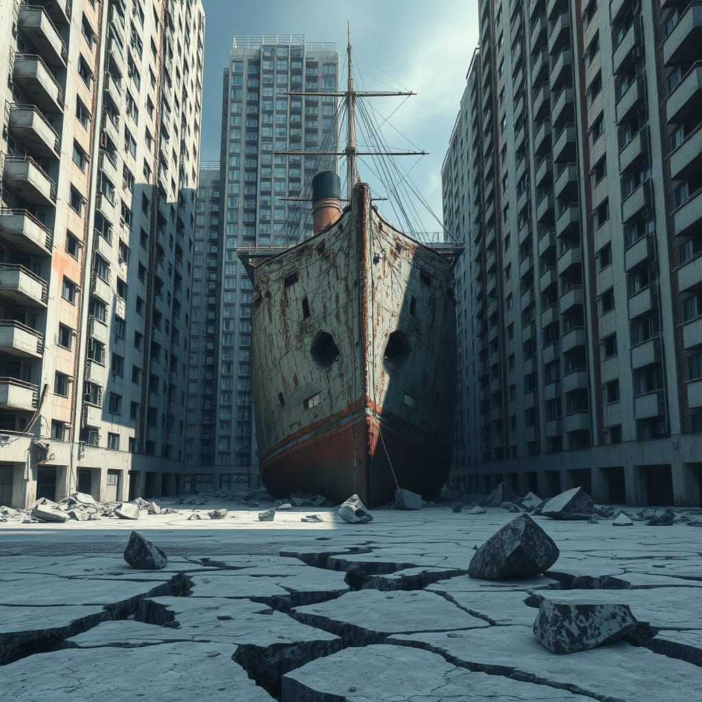 Ship Wedged Between Buildings in 3D Anime Style