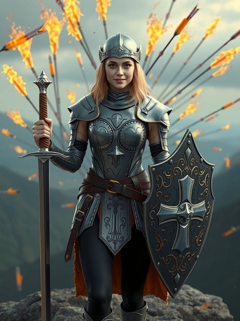 Ethereal Warrior Woman in Silver Armor, Digital Art