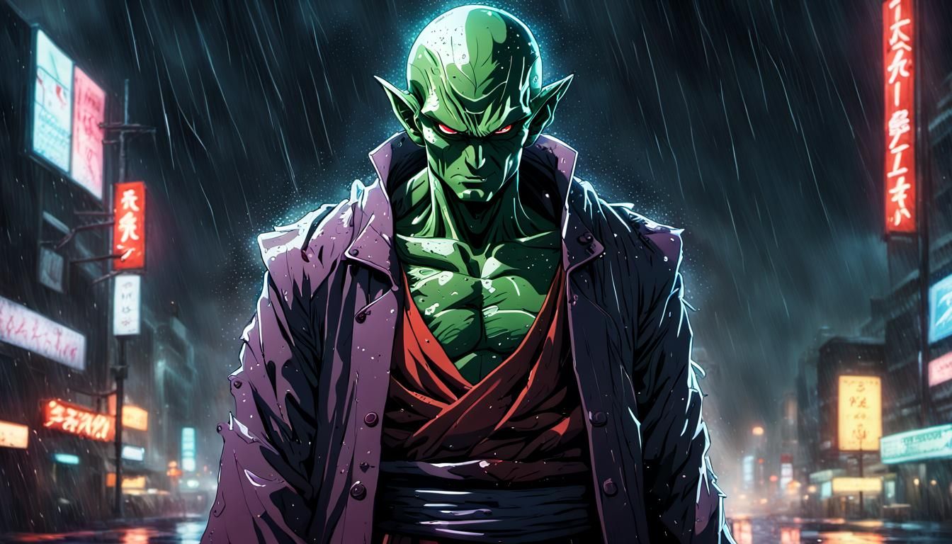 Battle-Damaged Piccolo in Rainy Neon Landscape