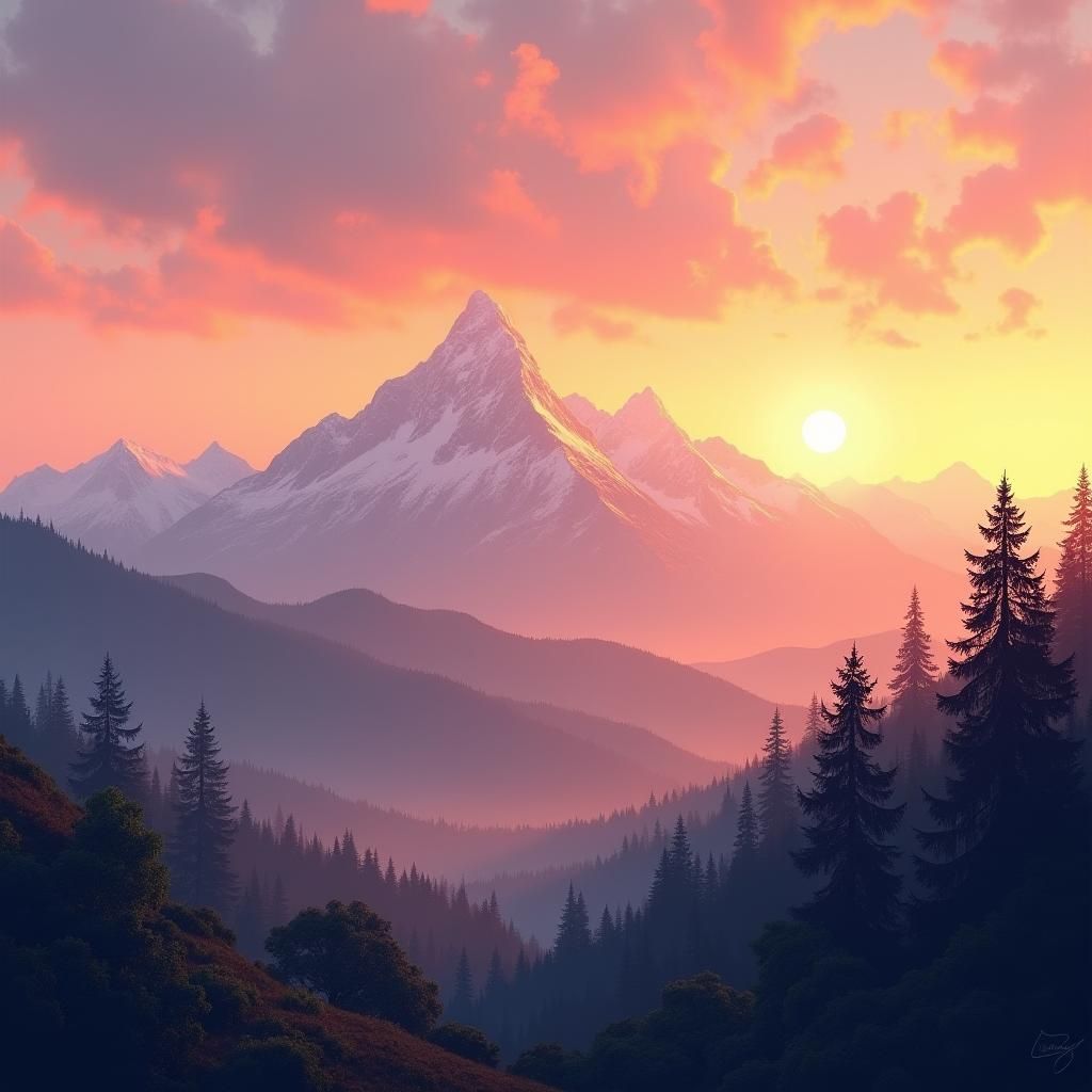 Serene Mountain Sunset in Romantic Style