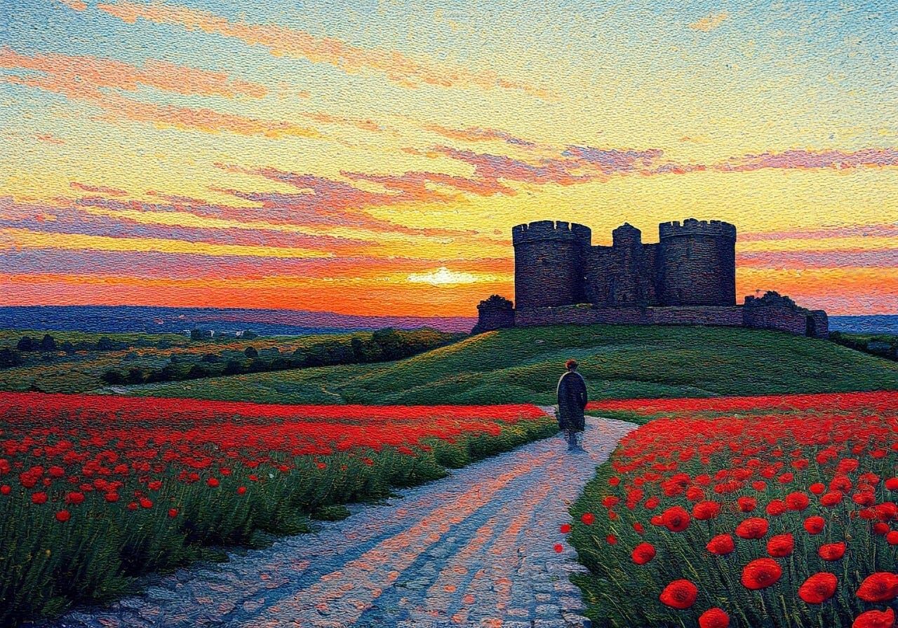 Pointillist Sunset Over Lonely Road with Roman Fort