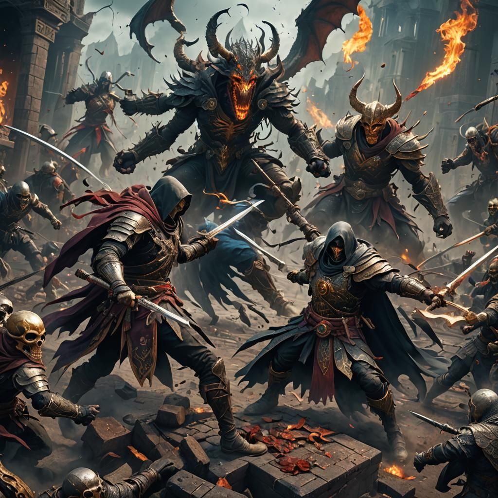 Heroic Figure Fighting Death in Detailed Painting