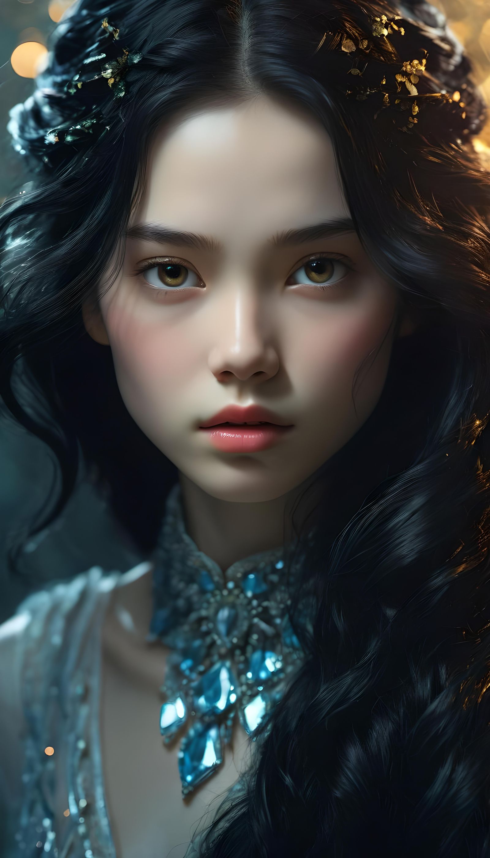 Fairytale Princess Portrait with Black Hair in Luminism Styl...