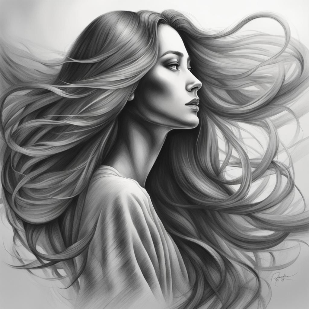Grayscale Drawing of Woman with Flowing Hair