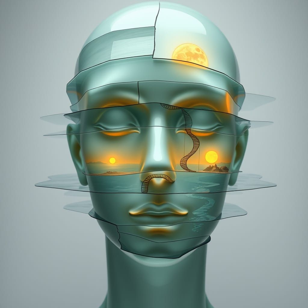 Surreal Face Bust with Fractured Glass Layers