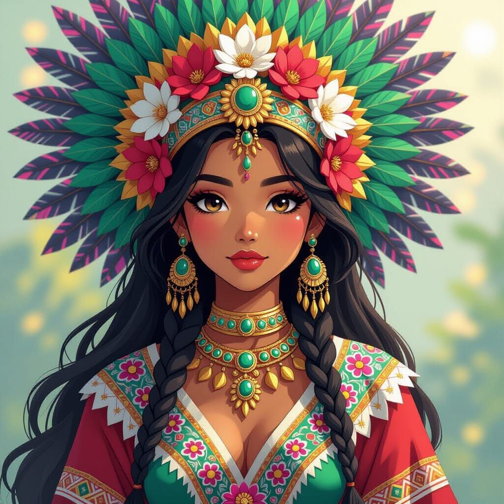 Aztec Warrior Princess with Floral Headdress in Anime Style