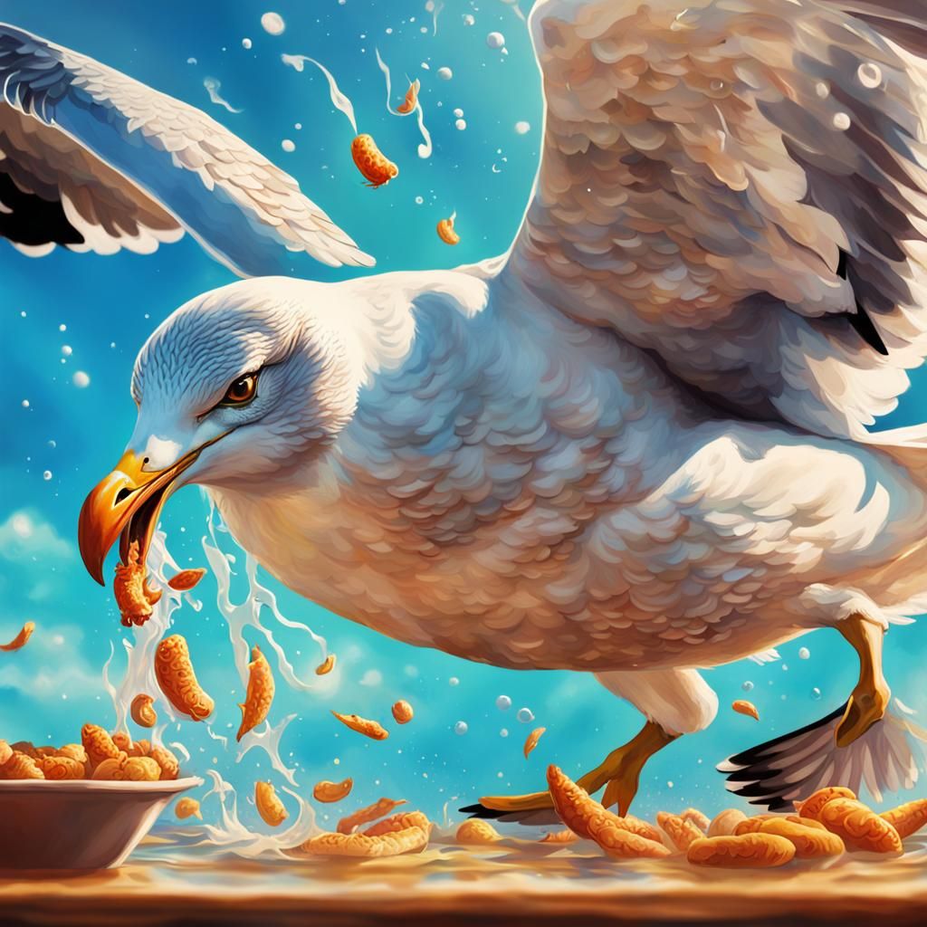 Seagull Stealing Food: Hyperrealistic Splash Art