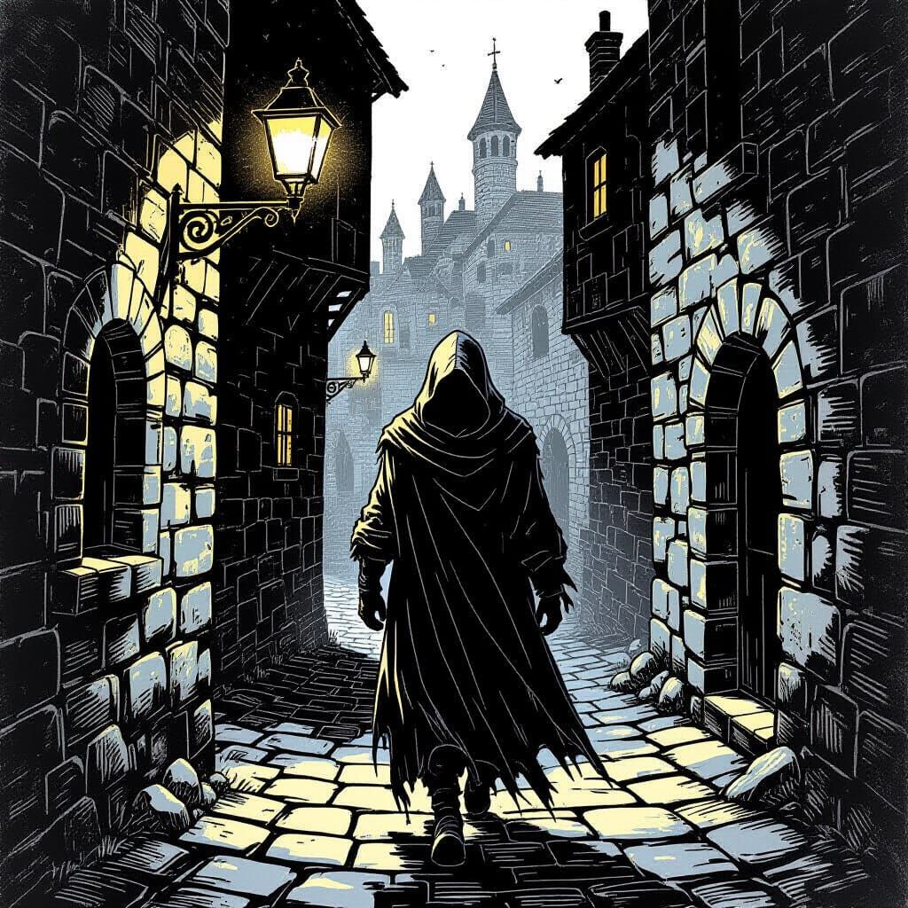 Mysterious Cloaked Figure in Gaslit Alleyway, Scratchboard A...