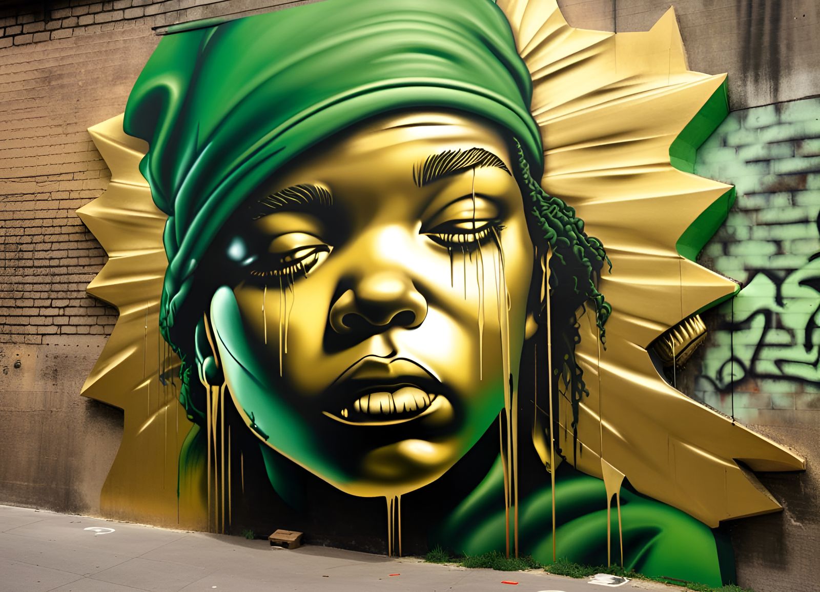 3D Graffiti Art in Gold and Green, Bronx Wall