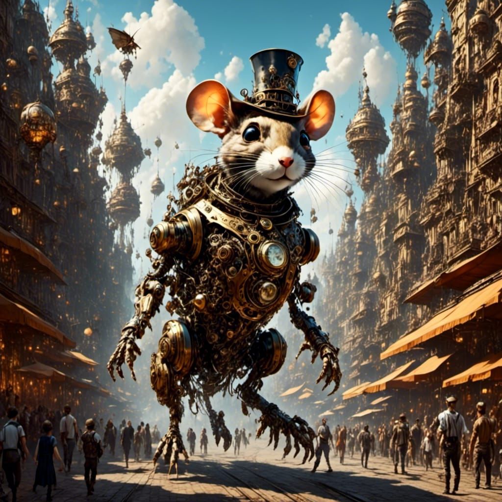 Steampunk Robot Rat Tramples City in Clockwork Style