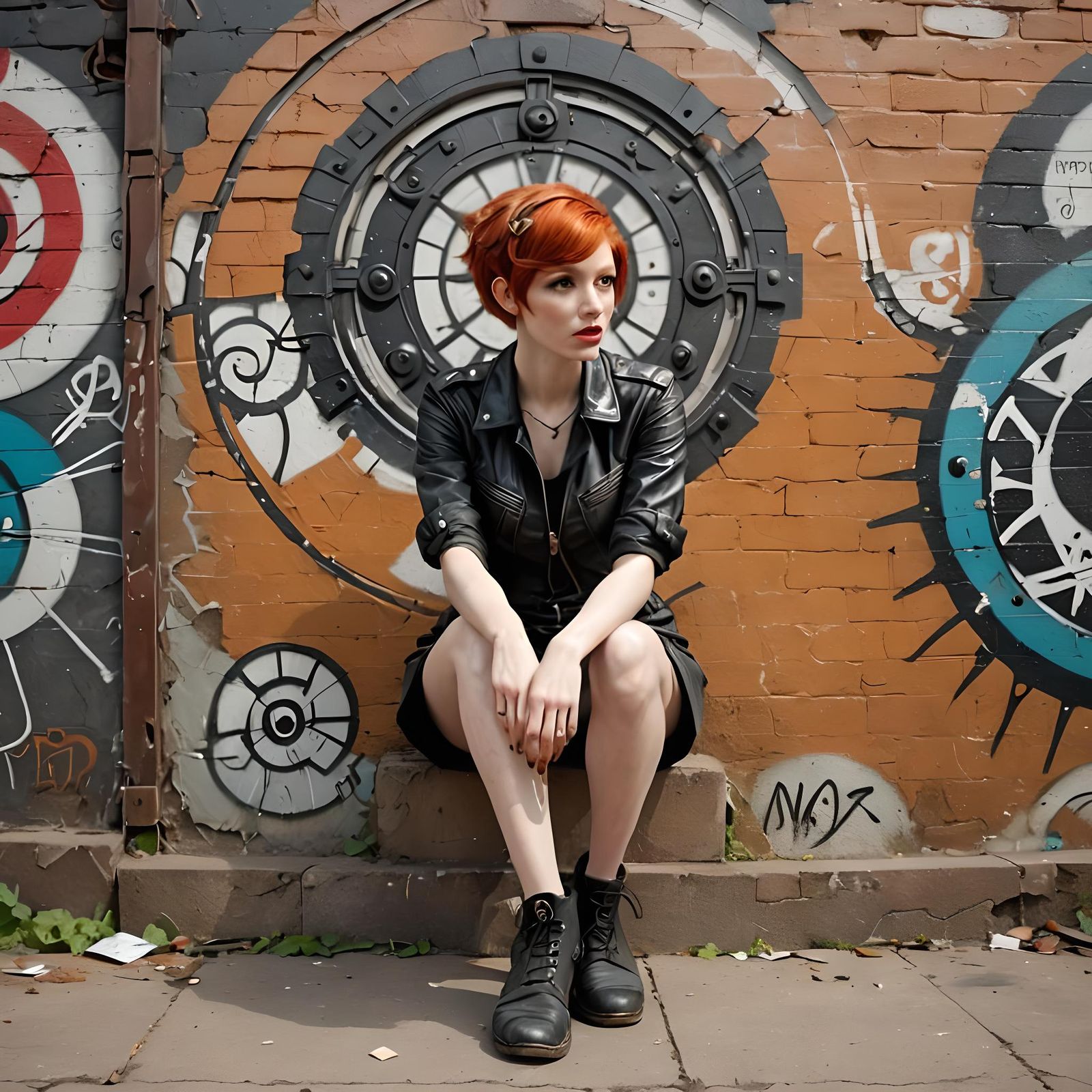 Dieselpunk Graffiti: Redhead Girl with Pixie Cut