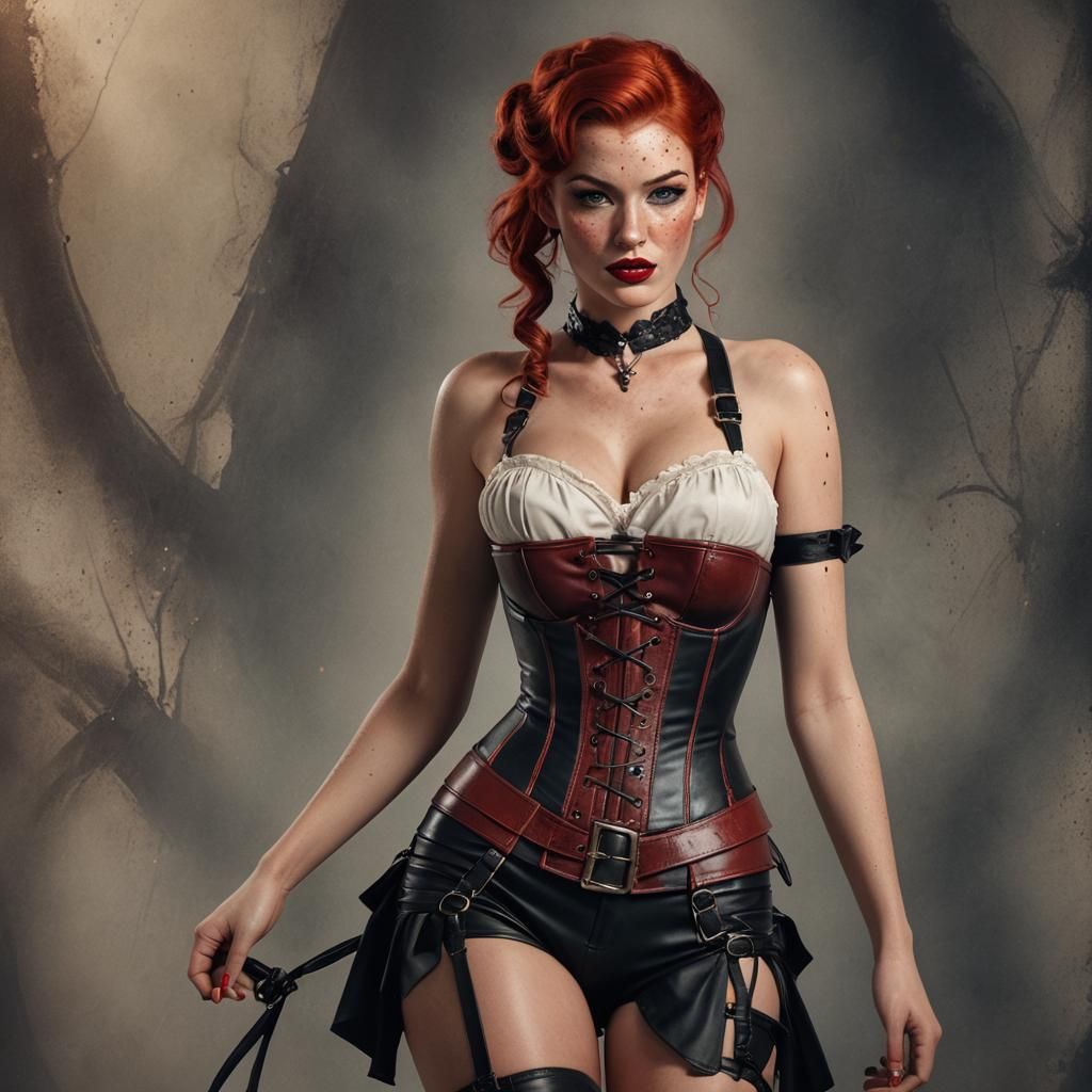 Pin-Up Girl with Red Hair in Detailed Painting