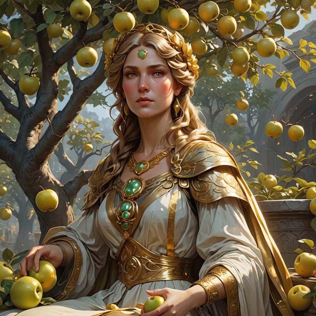 Hera and her golden apple tree, the tree is laden with golde...