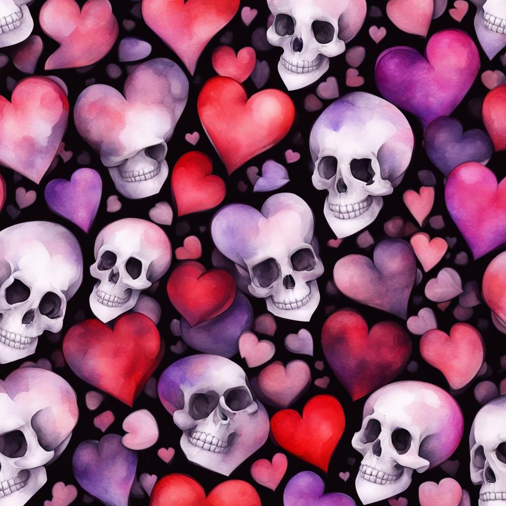 Gothic Hearts and Skull Background in Watercolor