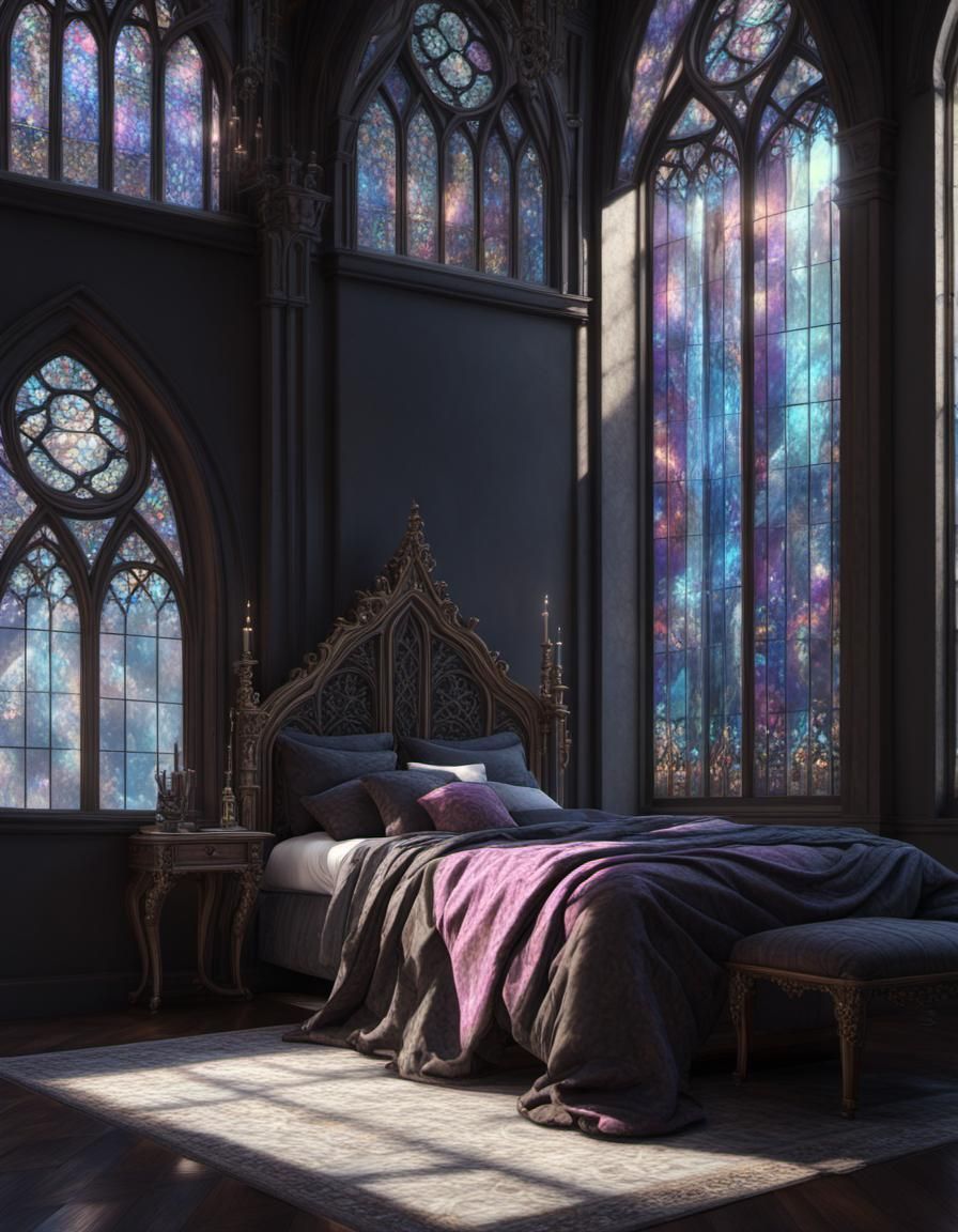 Gothic bedroom with gothic chapel windows and gothic bed& mu...