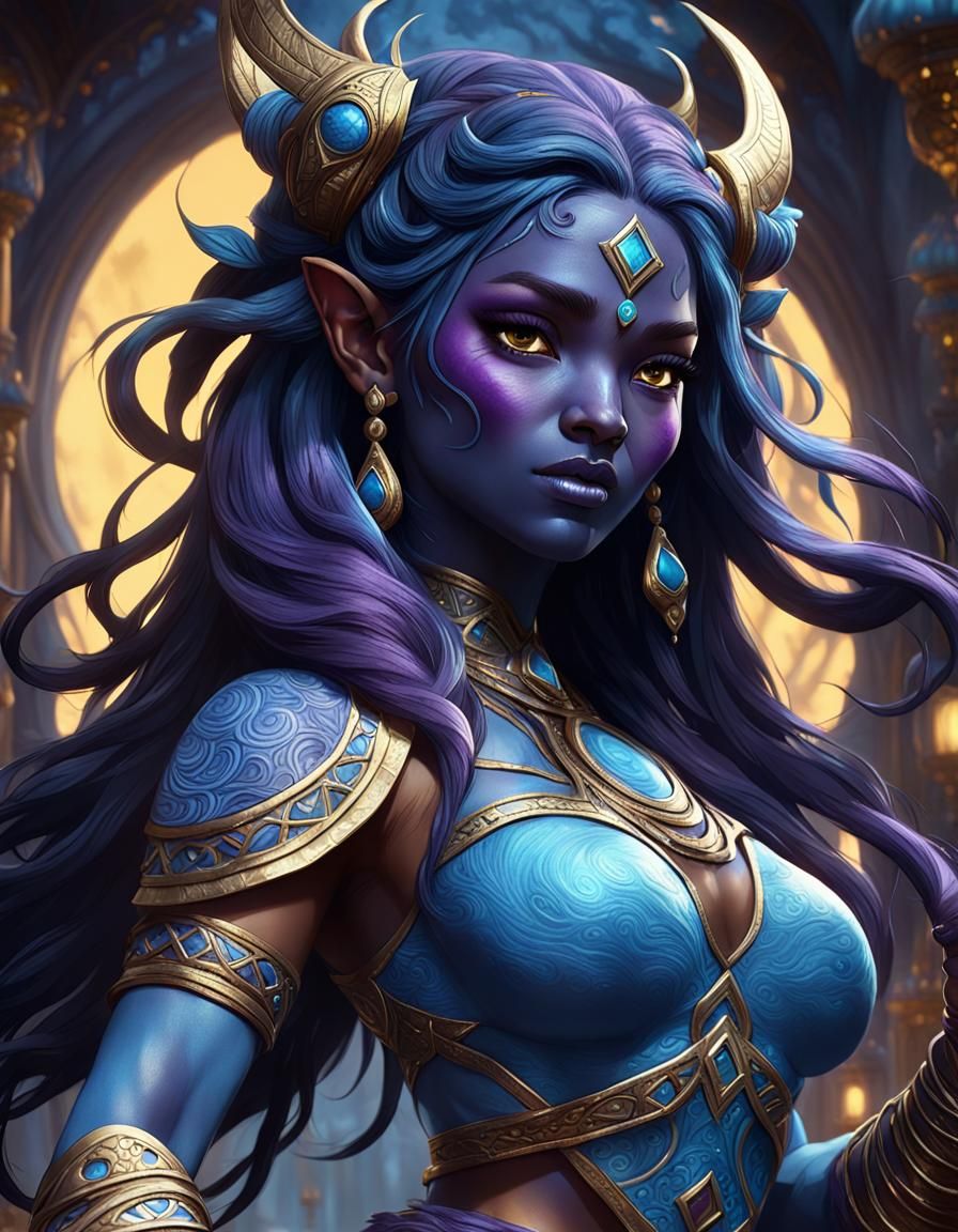 Blue Goddess Grabs Jinn's Lamp: Dark Fantasy Art