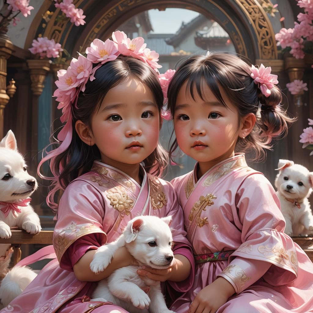 Two Cute Asian Girls Play with Puppy