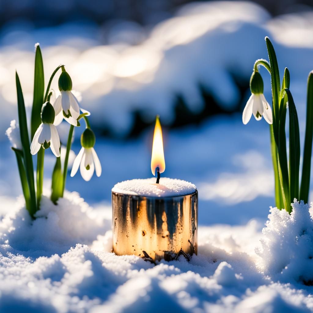Candle and Snowdrop in Winter Snow, Hyperrealistic