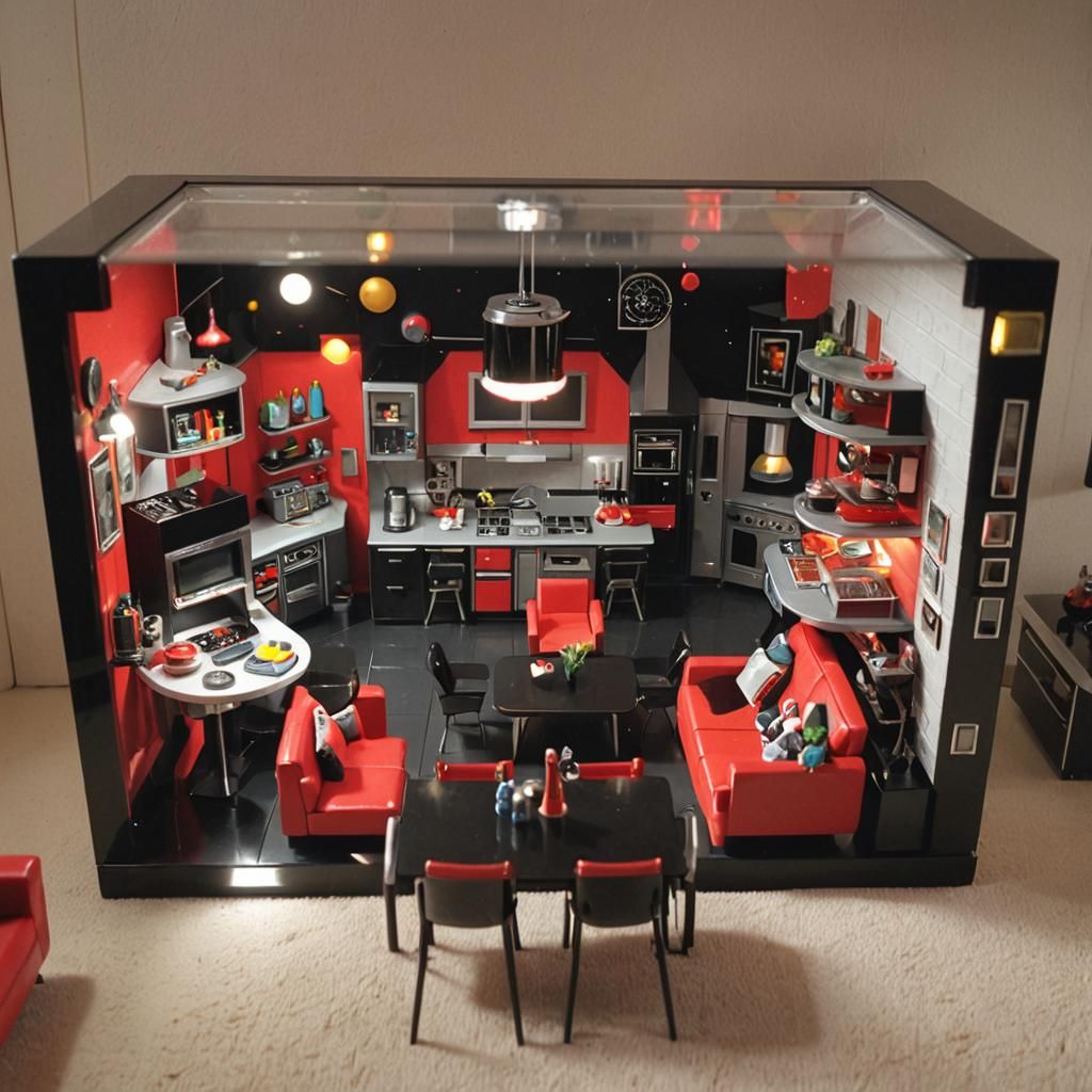 Retro-Futuristic Dollhouse in Photorealistic Modern Home
