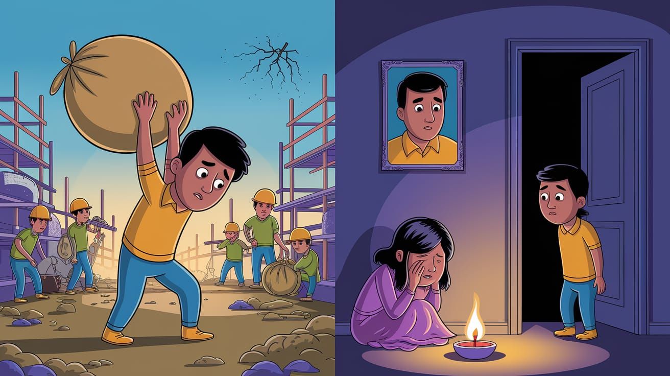 A Family's Sorrow Amidst Construction Chaos in Vibrant Carto...