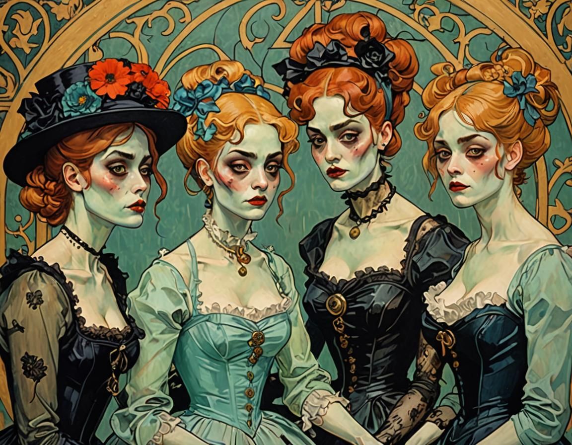 Art Nouveau Zombie Girls in Toulouse-Lautrec Style