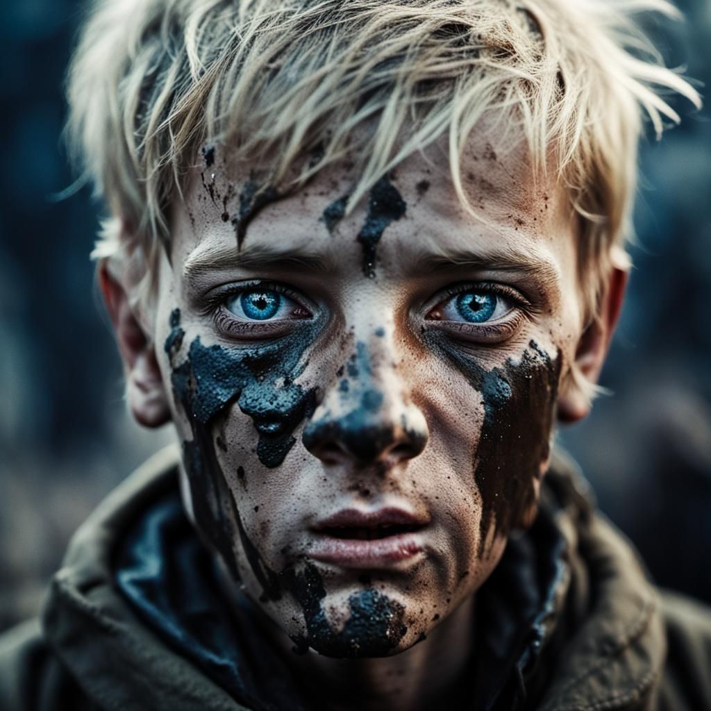 Distressed Boy Crying in War Zone Portrait
