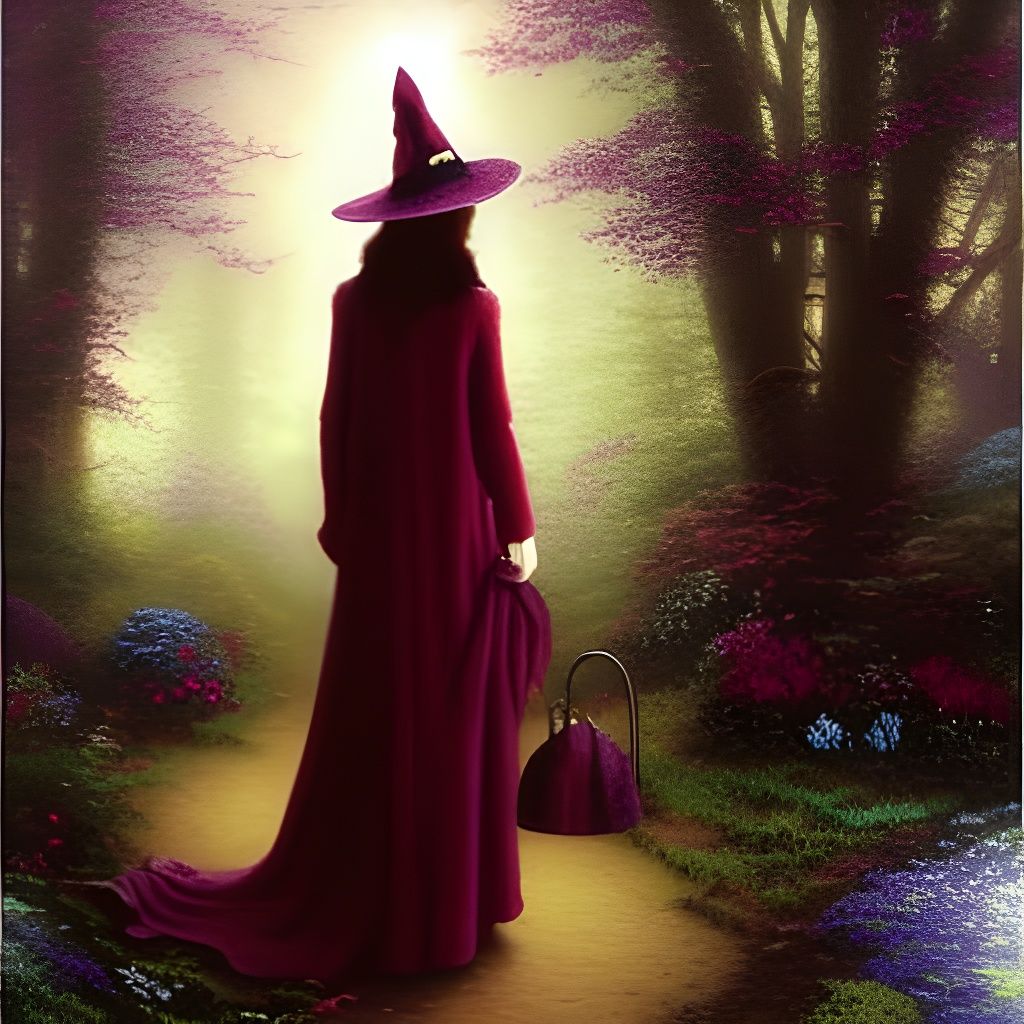 Ethereal Witch in Burgundy Hat, Fantasy Art