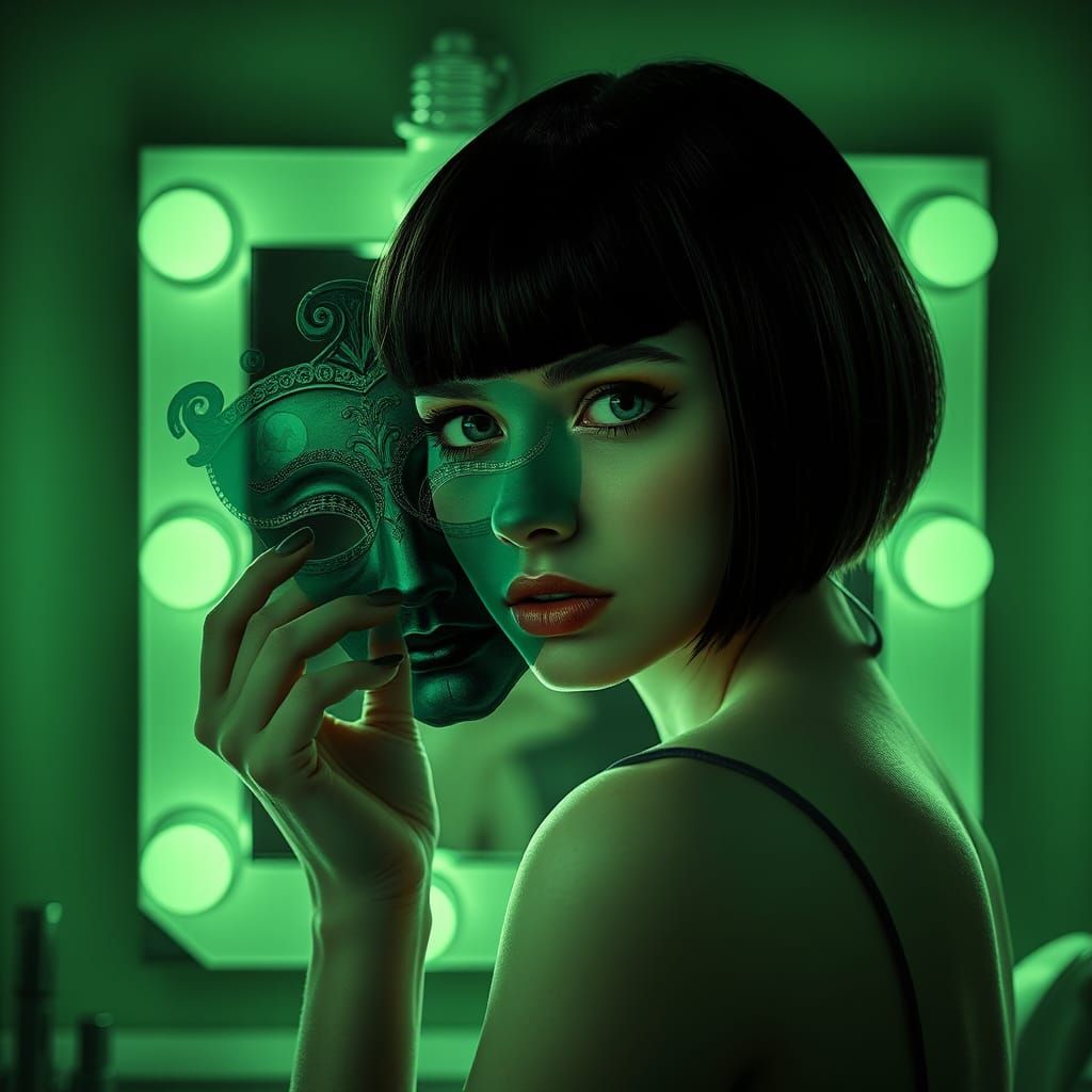 Ethereal Portrait with Masks in Holographic Style