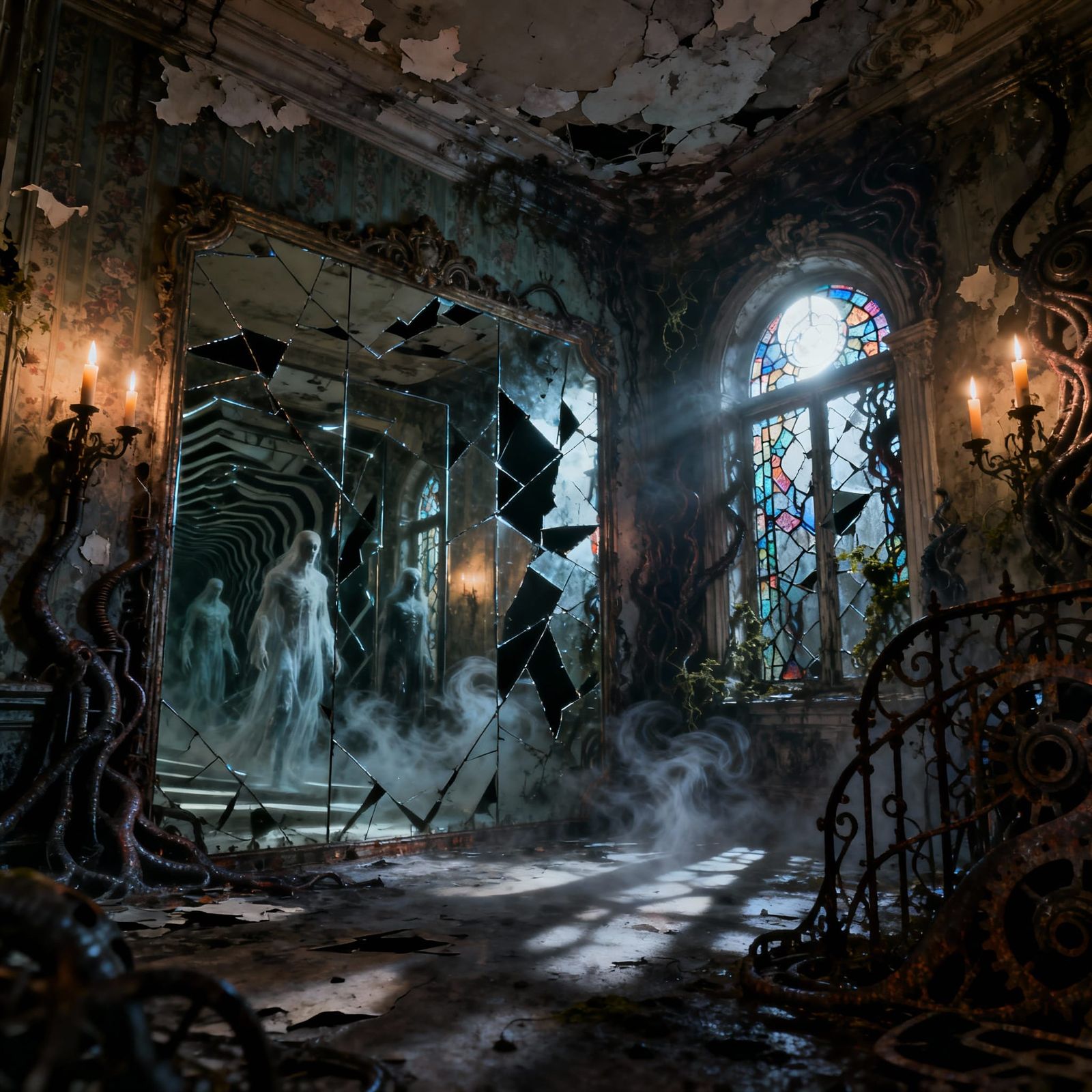Gothic Mansion Mirror Labyrinth with Spectral Figures