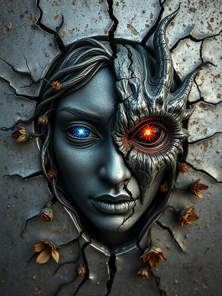 Gargoyle Woman Face Emerging From Silver Metal