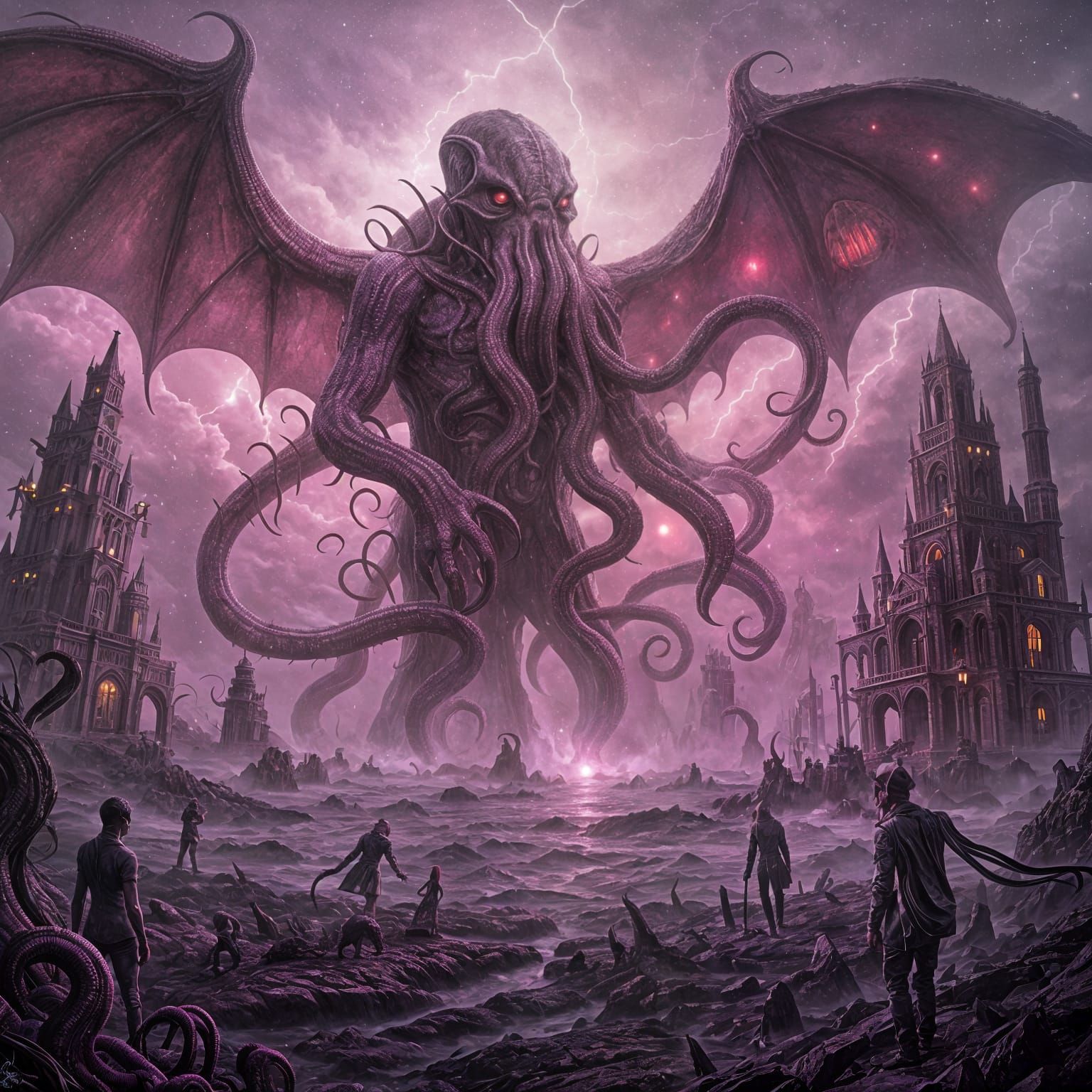 Pink and Purple Cthulhu in Eerie Fog
